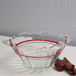 Vintage 30s Landrum Cane‎ Art Deco Small Glass Bowl Red Black Stripes Handled